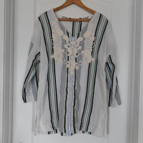 Soft Surroundings Striped Floral Embroidered Cotton Blend Tunic Top Size Meduim - Picture 1 of 8